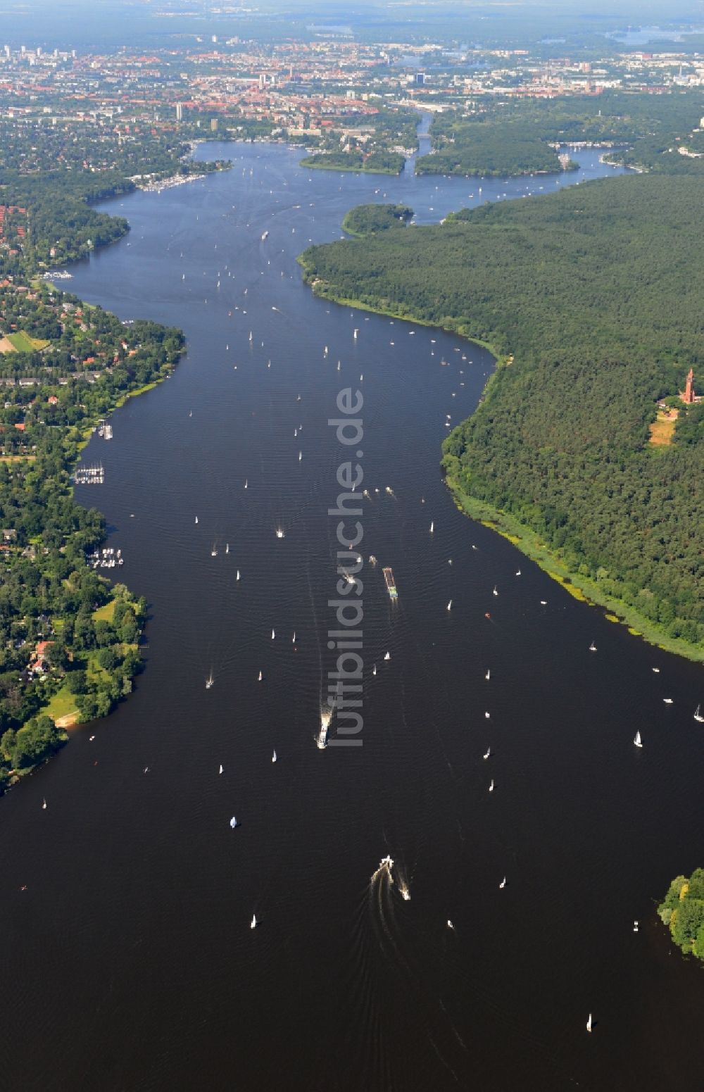 Luftbild Berlin - Landschaft entlang der Uferbereiche des Großen Wannsee mit dem Grunewald im Stadtbezirk Charlottenburg-Wilmersdorf von Berlin