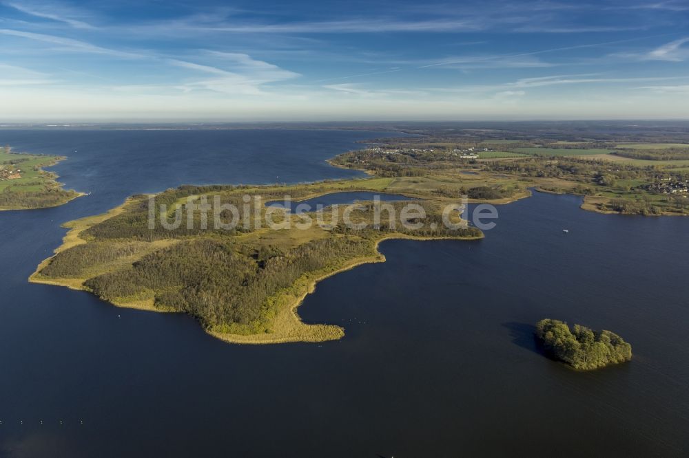 Rechlin aus der Vogelperspektive: Landschaft am Kleinen Müritz See mit Baumwall Herzinsel an der Mecklenburger Seenplatte in Rechlin im Bundesland Mecklenburg-Vorpommern