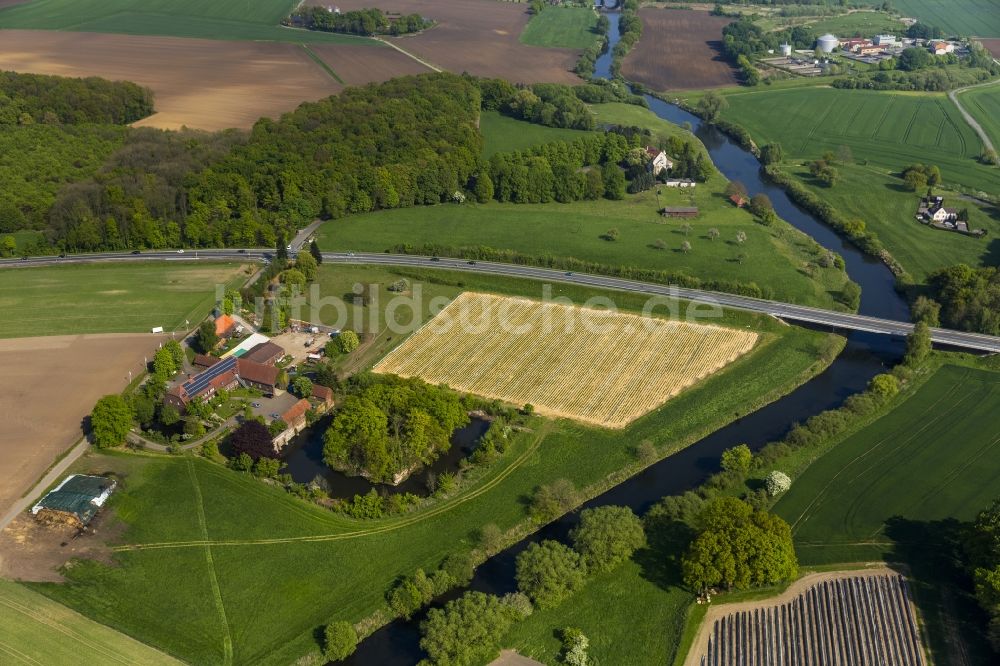 Olfen aus der Vogelperspektive: Landschaft der Wiesen und Felder am Hotel-Restaurant Zur Rauschenburg bei Olfen im Bundesland Nordrhein-Westfalen NRW