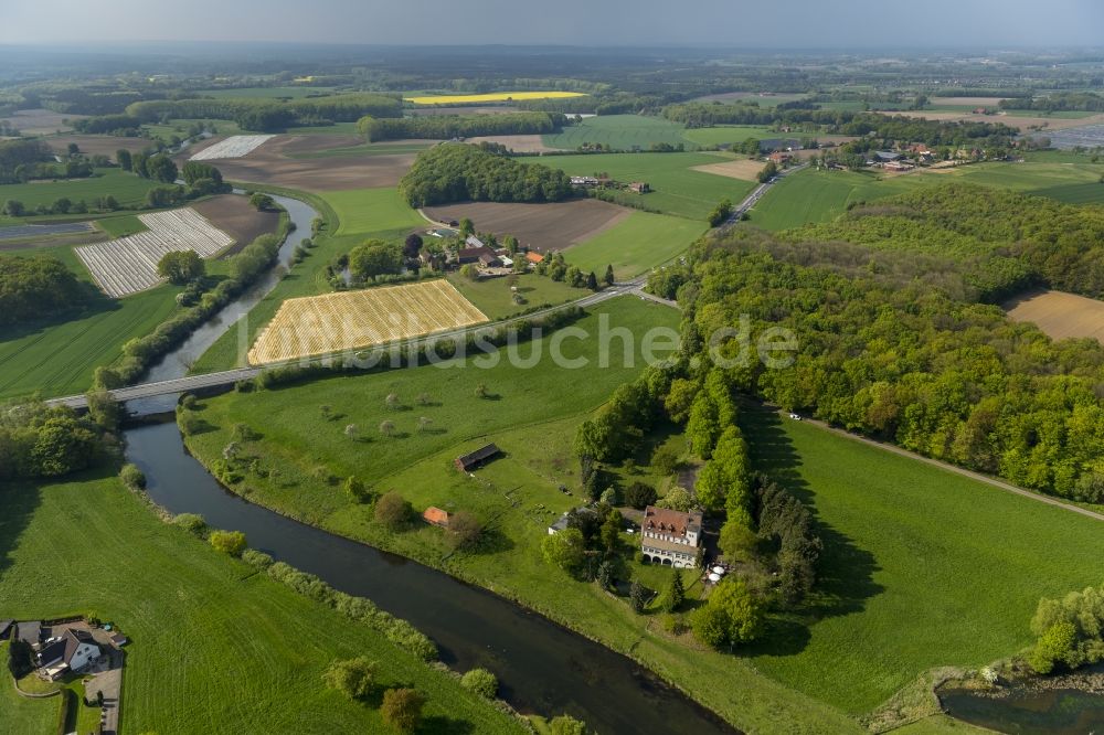 Luftaufnahme Olfen - Landschaft der Wiesen und Felder am Hotel-Restaurant Zur Rauschenburg bei Olfen im Bundesland Nordrhein-Westfalen NRW