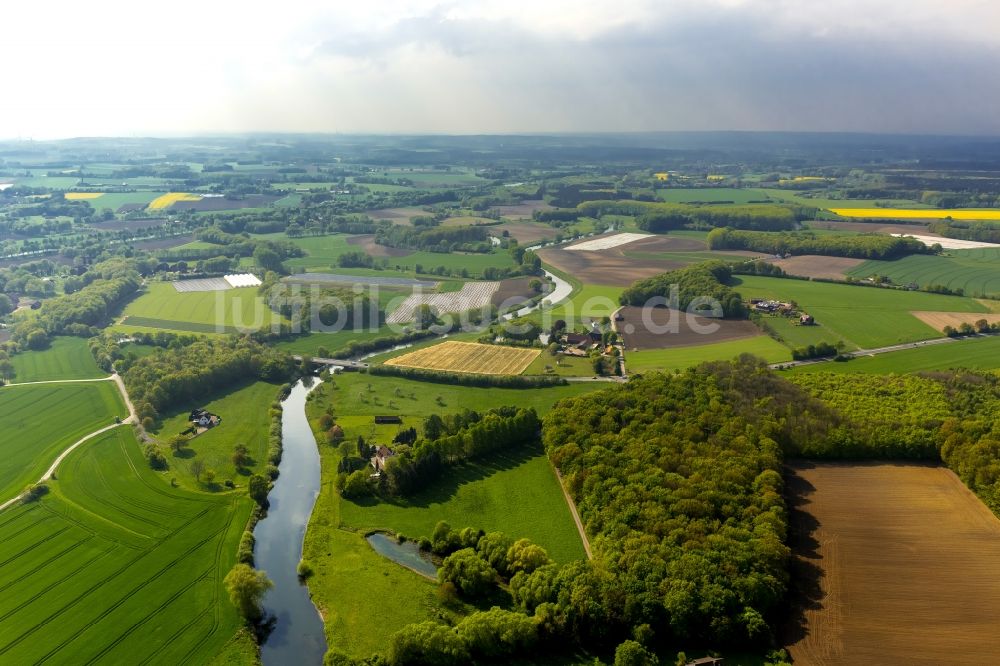 Olfen von oben - Landschaft der Wiesen und Felder am Hotel-Restaurant Zur Rauschenburg bei Olfen im Bundesland Nordrhein-Westfalen NRW