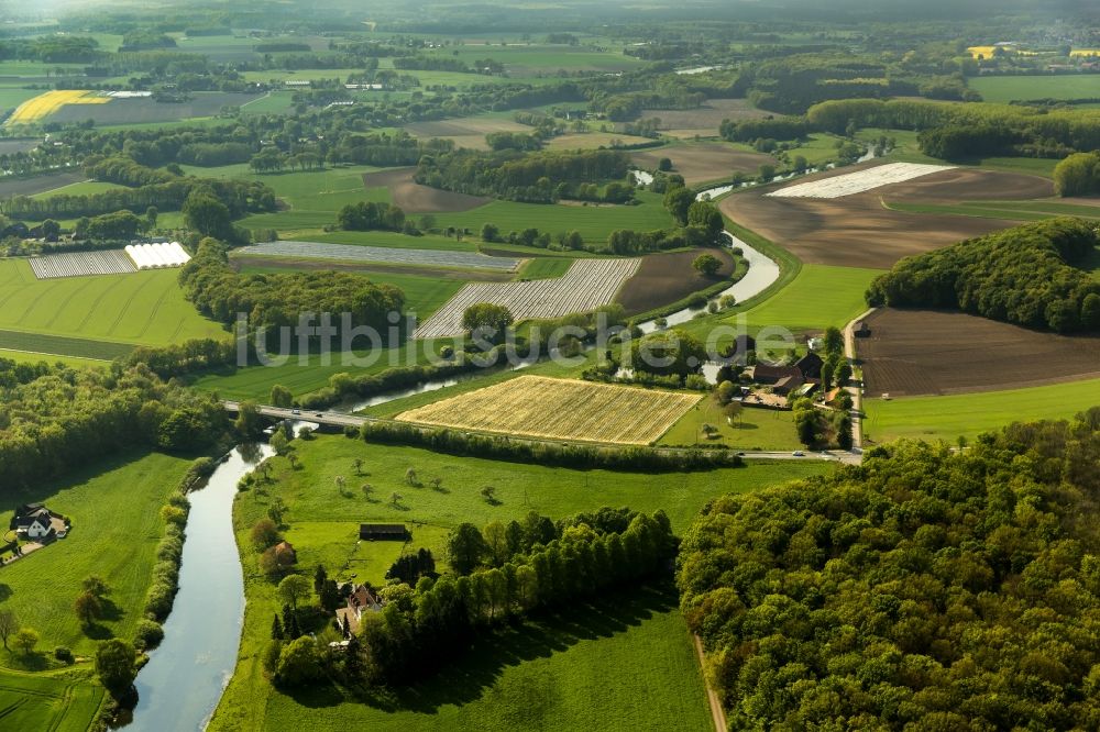 Olfen aus der Vogelperspektive: Landschaft der Wiesen und Felder am Hotel-Restaurant Zur Rauschenburg bei Olfen im Bundesland Nordrhein-Westfalen NRW