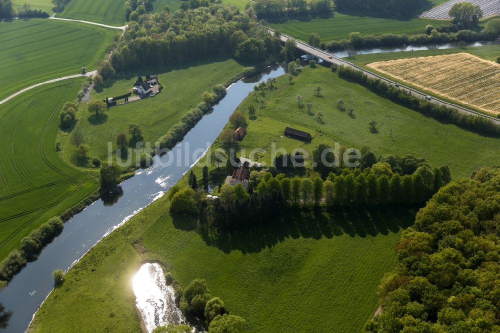 Luftaufnahme Olfen - Landschaft der Wiesen und Felder am Hotel-Restaurant Zur Rauschenburg bei Olfen im Bundesland Nordrhein-Westfalen NRW