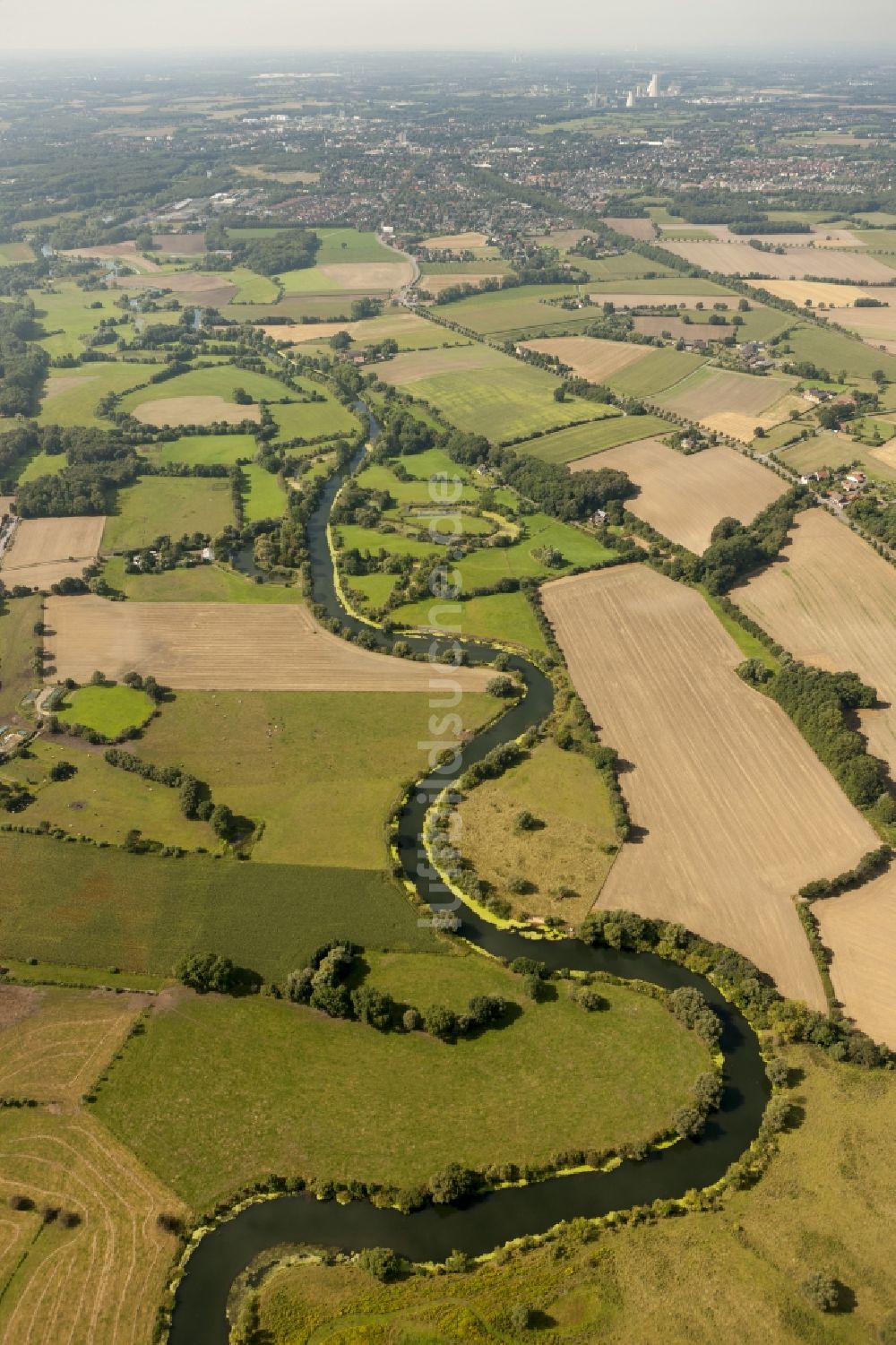 Bergkamen von oben - Landschaft der Wiesen und Felder der Lippeauen an der Lippe bei Bergkamen im Bundesland Nordrhein-Westfalen