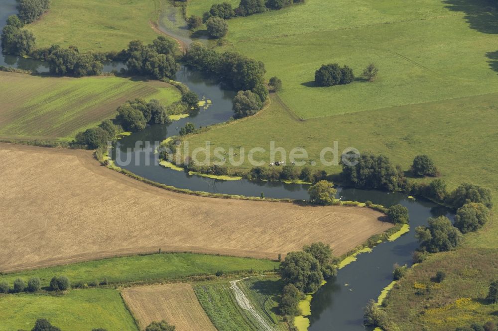 Luftbild Bergkamen - Landschaft der Wiesen und Felder der Lippeauen an der Lippe bei Bergkamen im Bundesland Nordrhein-Westfalen