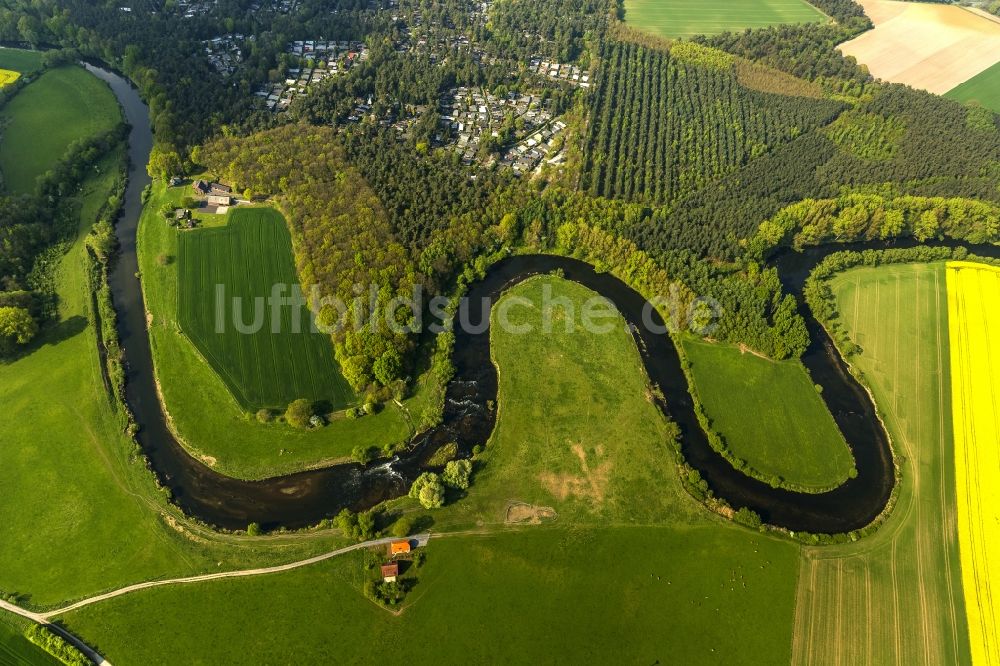 Luftaufnahme Olfen - Landschaft der Wiesen und Felder an den Lippemäander, Lippeschleife der Lippeauen an der Lippe bei Olfen im Bundesland Nordrhein-Westfalen NRW