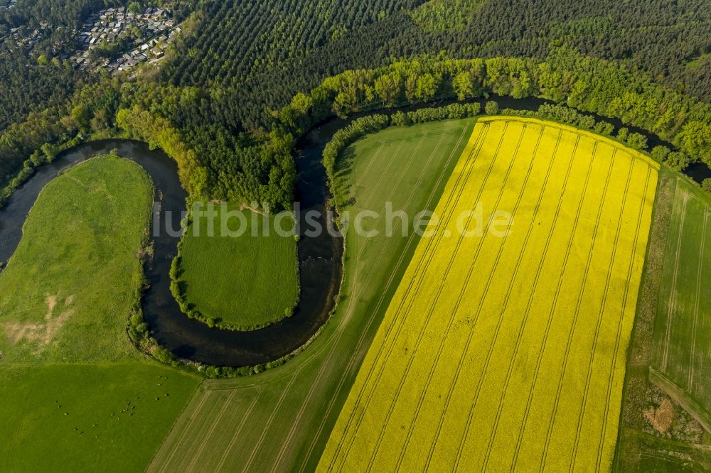 Olfen aus der Vogelperspektive: Landschaft der Wiesen und Felder an den Lippemäander, Lippeschleife der Lippeauen an der Lippe bei Olfen im Bundesland Nordrhein-Westfalen NRW