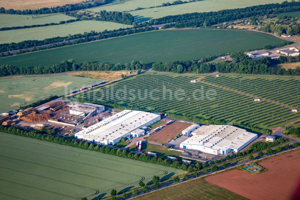 Luftaufnahme Wallhausen - Lebensmittel- Hersteller Pilzhof Pilzsubstrat Wallhausen GmbH vor dem Solarfeld Wallhausen in Wallhausen im Bundesland Sachsen-Anhalt, Deutschland