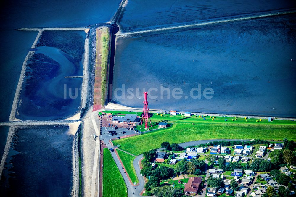 Luftbild Butjadingen - Leuchtturm als historisches Seefahrtszeichen im Küstenbereich Oberfeuer Leuchtturm Preusseneck in Butjadingen im Bundesland Niedersachsen, Deutschland