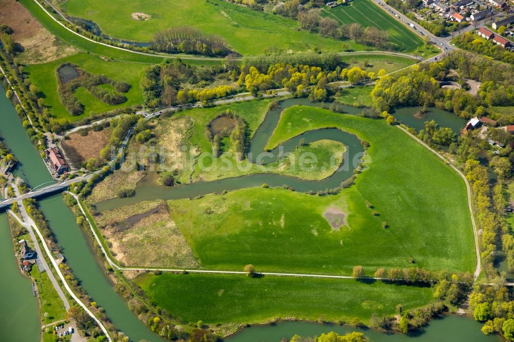 Luftaufnahme Hamm - Lippeauen am Ufer des Flusses Lippe und des Datteln-Hamm-Kanal im Norden der Stadt Hamm im Bundesland Nordrhein-Westfalen