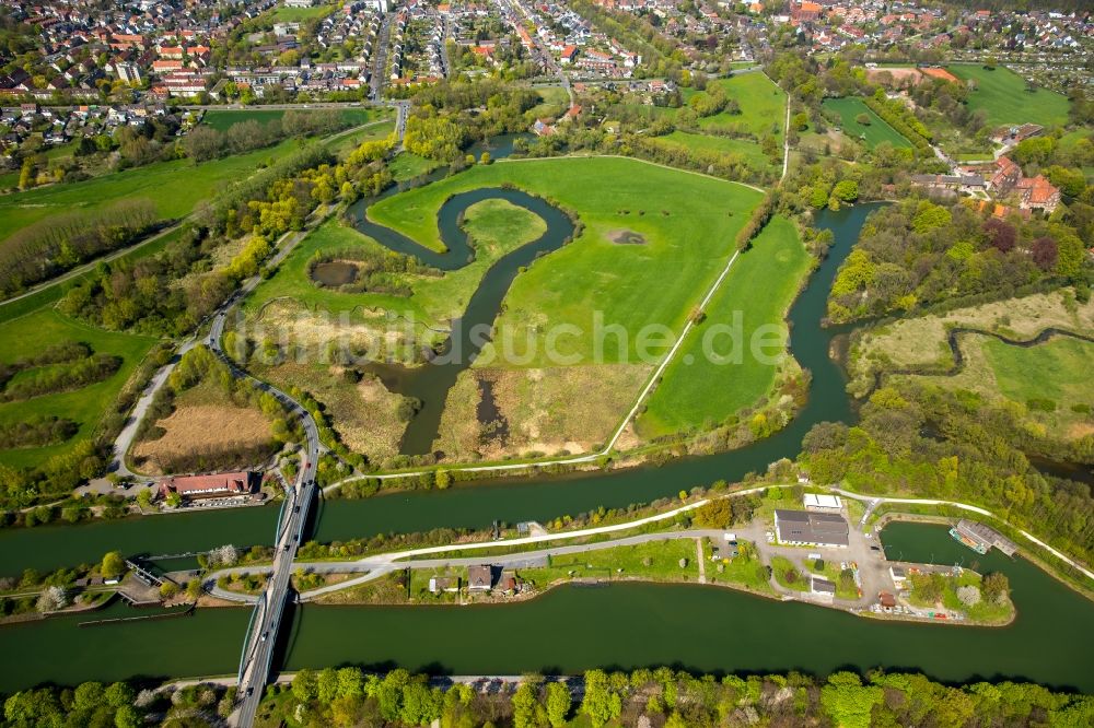 Hamm aus der Vogelperspektive: Lippeauen am Ufer des Flusses Lippe und des Datteln-Hamm-Kanal im Norden der Stadt Hamm im Bundesland Nordrhein-Westfalen