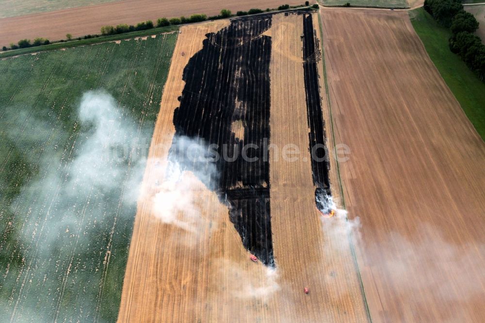 Luftaufnahme Volkenroda - Löscharbeiten der Feuerwehr auf einem kontrollierten Feld - Brand auf einem landwirtschaftlichen Gut bei Volkenroda in Thüringen