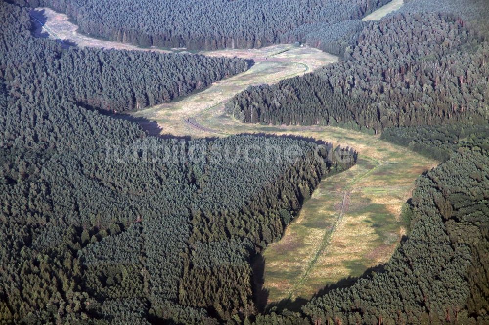 Luftaufnahme Kreuzbruch - Markanter Verlauf einer Lichtung in einem Waldgebiet bei Kreuzbruch im Bundesland Brandenburg