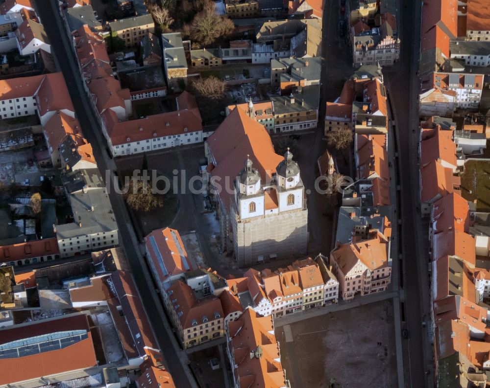 Lutherstadt Wittenberg aus der Vogelperspektive: Marktplatz mit dem Rathaus und der Stadtkirche St. Marien in Wittenberg im Bundesland Sachsen-Anhalt