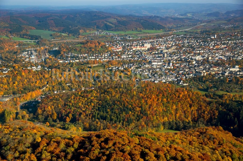 Arnsberg von oben - Meer bunt gefärbter Blätter an den Baumspitzen in einem Laubbaum- Waldgebiet in Arnsberg im Bundesland Nordrhein-Westfalen