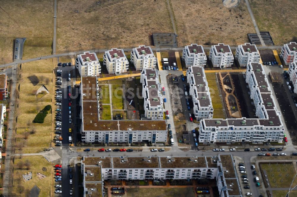 Berlin von oben - Mehrfamilienhaus-Wohnanlage zwischen Hasenholzer Allee, Spitzmühler Straße und dem Wiesenpark im Ortsteil Marzahn in Berlin