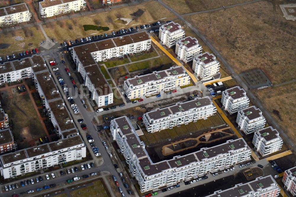 Berlin von oben - Mehrfamilienhaus-Wohnanlage zwischen Hasenholzer Allee, Spitzmühler Straße und dem Wiesenpark im Ortsteil Marzahn in Berlin