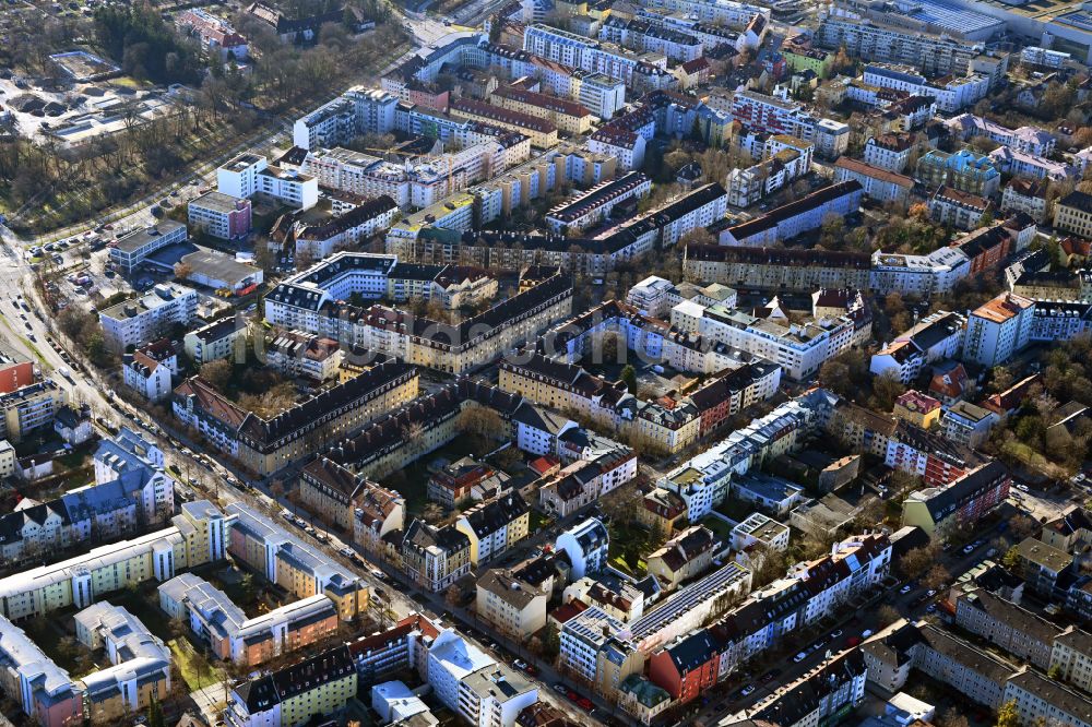 Luftbild München - Mehrfamilienhaussiedlung im Ortsteil Milbertshofen in München im Bundesland Bayern, Deutschland