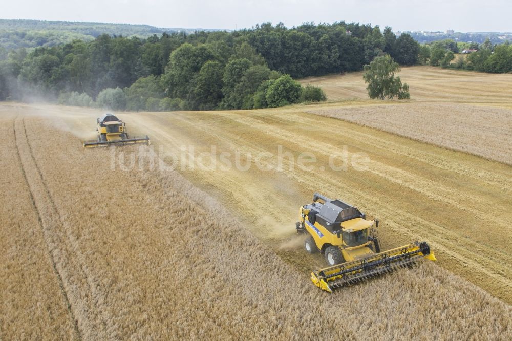 Grimma von oben - Mähdrescher im Ernte - Einsatz auf einem Feld einer Landwirtschaft bei Grimma im Bundesland Sachsen