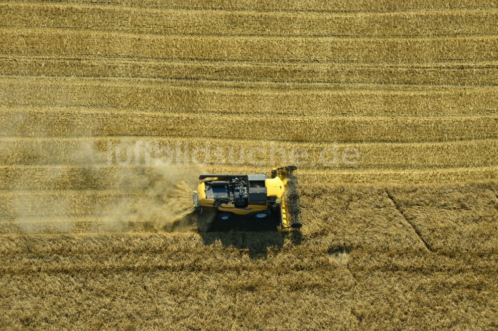 Luftaufnahme Rauschwitz - Mähdrescher eines Landwirtschaftsbetriebes bei der Ernte auf einem Getreidefeld bei Rauschwitz im Bundesland Thüringen