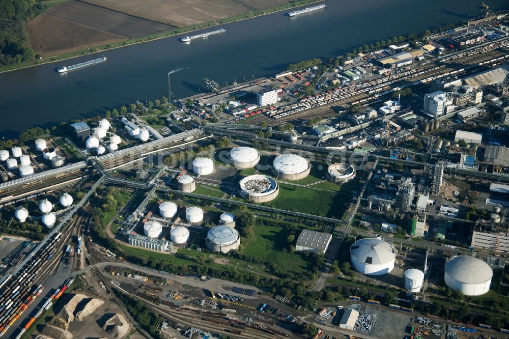 Ludwigshafen am Rhein aus der Vogelperspektive: Mineralöl - Hochtanklager BASF in Ludwigshafen am Rhein im Bundesland Rheinland-Pfalz