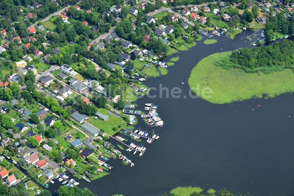 Luftbild Berlin Rahnsdorf - Mit Entengrütze und Schlingpflanzen verwucherte Uferbereiche am Müggelwerder in Berlin Rahnsdorf