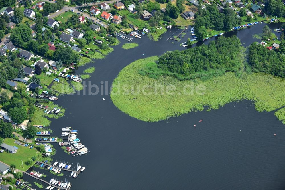 Luftaufnahme Berlin Rahnsdorf - Mit Entengrütze und Schlingpflanzen verwucherte Uferbereiche am Müggelwerder in Berlin Rahnsdorf