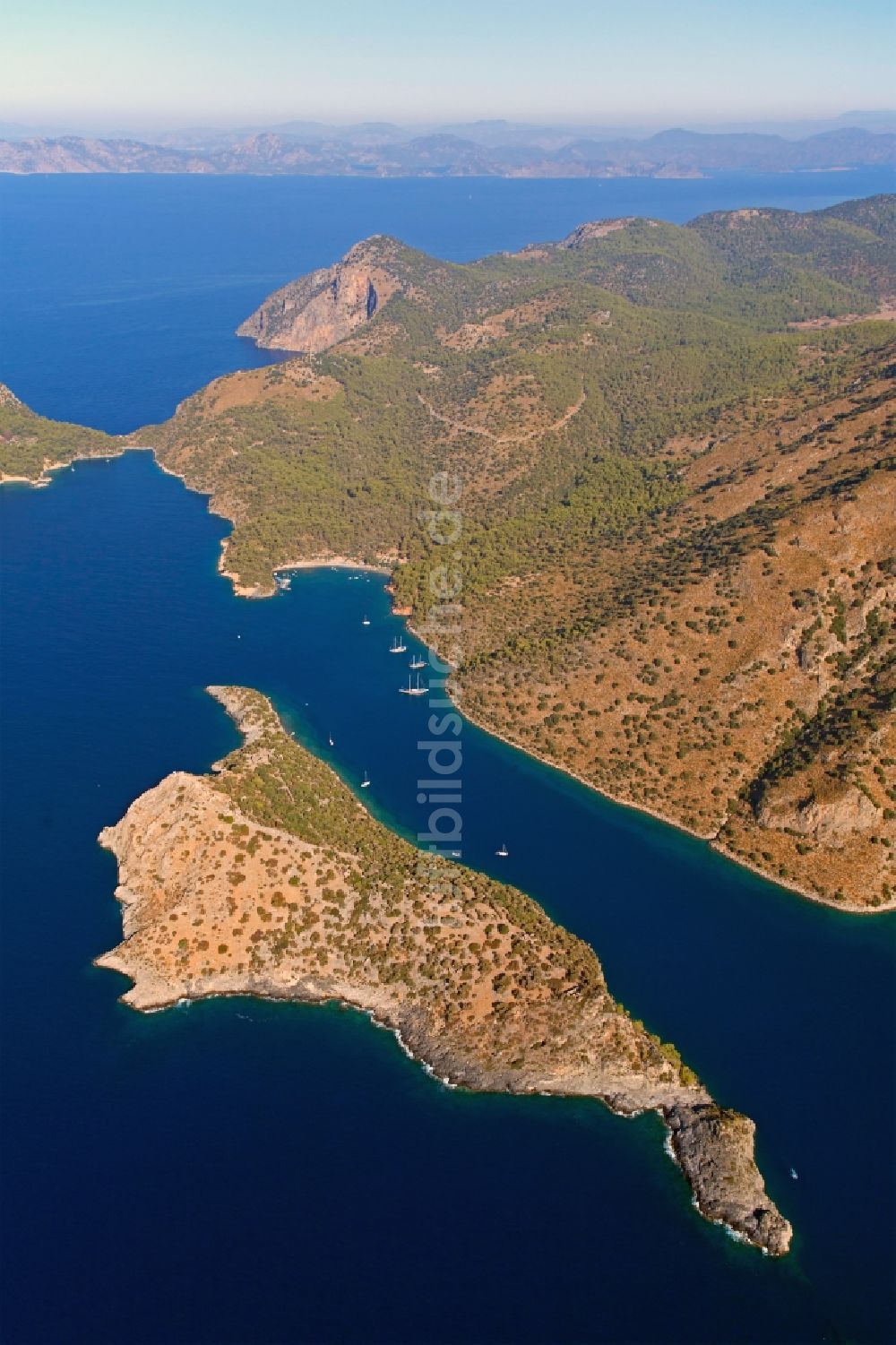 Luftbild Fethiye - Mittelmeer- Insel- Landschaft an der türkischen Ägäis in Fethiye in Türkei