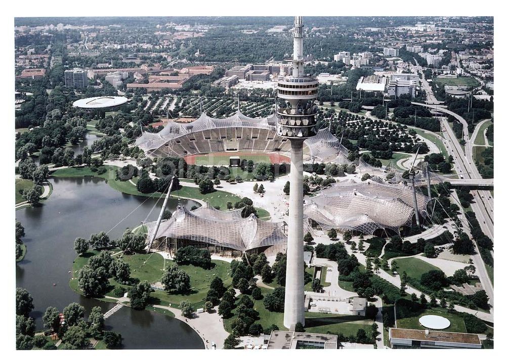 München von oben - Münchener Fernsehturm mit dem Gelände des Olympiastadions und des Olympiaparks