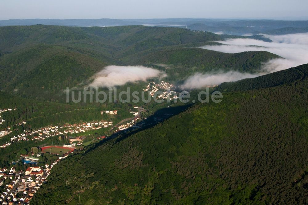 Neustadt an der Weinstraße aus der Vogelperspektive: Morgennebel über dem Tal des Speyerbach bei Neustadt an der Weinstraße im Bundesland Rheinland-Pfalz