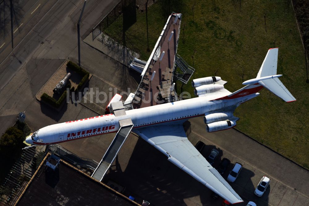 Luftaufnahme Leipzig - Museums- Flugzeug einer Iljuschin IL-62 der INTERFLUG in Leipzig im Bundesland Sachsen, Deutschland