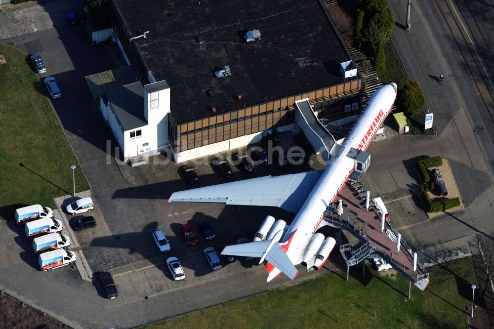 Luftaufnahme Leipzig - Museums- Flugzeug einer Iljuschin IL-62 der INTERFLUG in Leipzig im Bundesland Sachsen, Deutschland