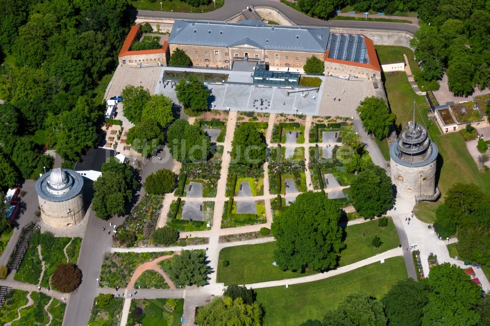 Erfurt von oben - Museums- Gebäude- Ensemble des Deutschen Gartenbaumuseums auf dem Gelände der Erfurt Buga 2021 in Erfurt im Bundesland Thüringen, Deutschland