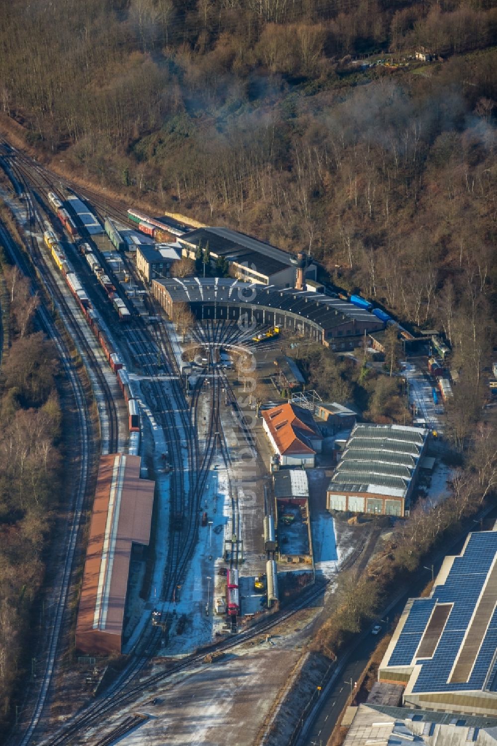 Bochum von oben - Museums- Gebäude- Ensemble Eisenbahnmuseum Bochum im Ortsteil Dahlhausen in Bochum im Bundesland Nordrhein-Westfalen