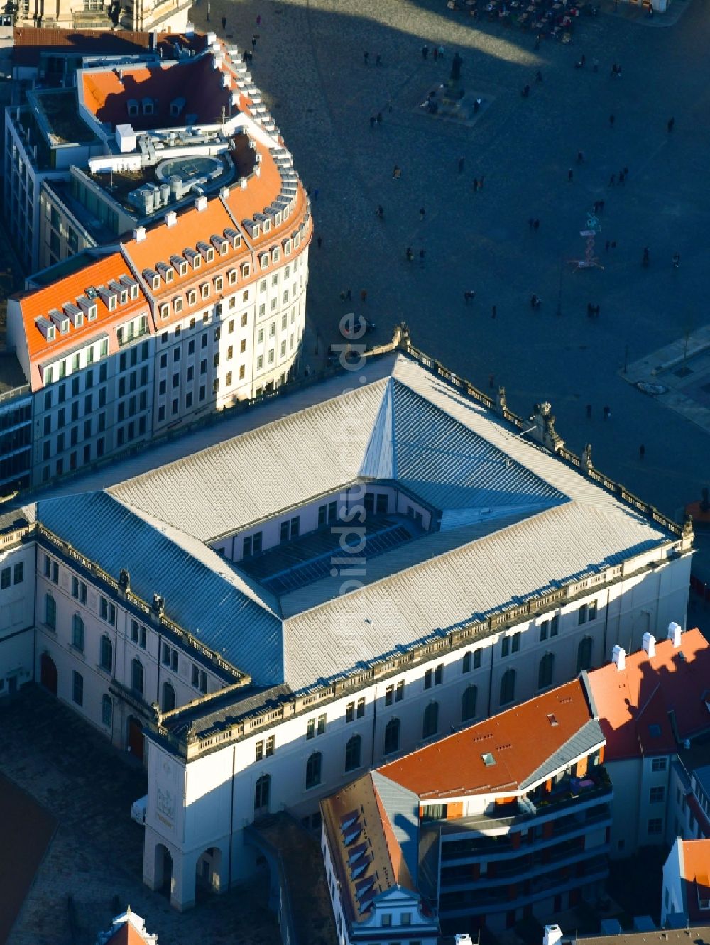 Dresden von oben - Museums- Gebäude- Ensemble Verkehrsmuseum Dresden in Dresden im Bundesland Sachsen