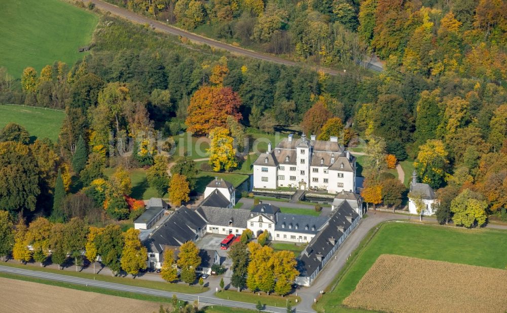 Meschede von oben - Nahverkehrs- und Bus- Depot der Städtischen Verkehrsbetriebe BRS Busverkehr Ruhr-Sieg GmbH Laer am Wasserschloss Laer im Ortsteil Enste in Meschede im Bundesland Nordrhein-Westfalen