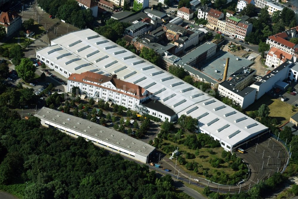 Luftaufnahme Leipzig - Nahverkehrs- und Tram- Straßenbahn- Depot der Städtischen Verkehrsbetriebe Leipziger Stadtverkehrsbetriebe (LSVB) GmbH in Leipzig im Bundesland Sachsen