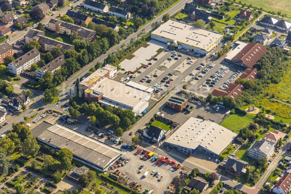 Beckum aus der Vogelperspektive: Nahversorgungszentrum Rewe und Aldi in Beckum im Bundesland Nordrhein-Westfalen, Deutschland