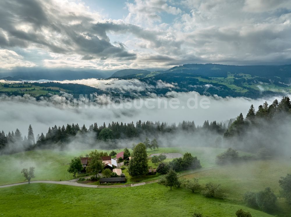 Luftbild Irsengund - Nebel- und Wolken- Schicht über Wald- und Wiesenlandschaft in Irsengund im Bundesland Bayern, Deutschland