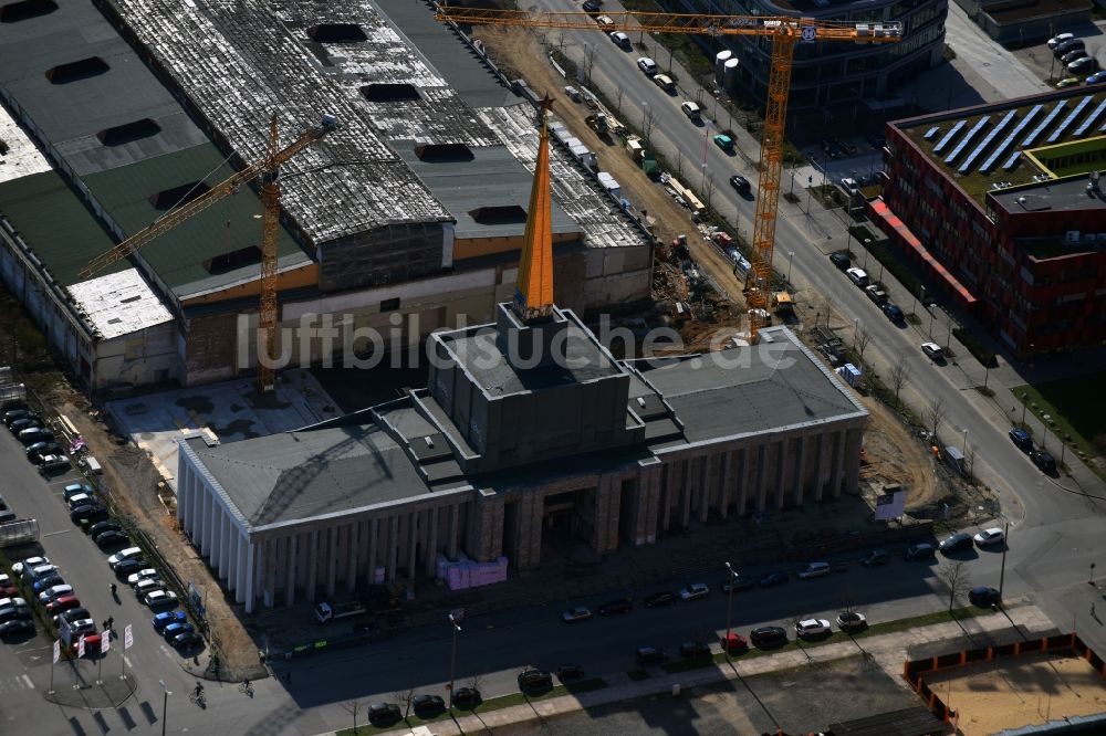 Luftaufnahme Leipzig - Neubau des Archiv- Gebäudes Stadtarchiv in der ehemaligen Messehalle 12 Achilleion in Leipzig im Bundesland Sachsen, Deutschland