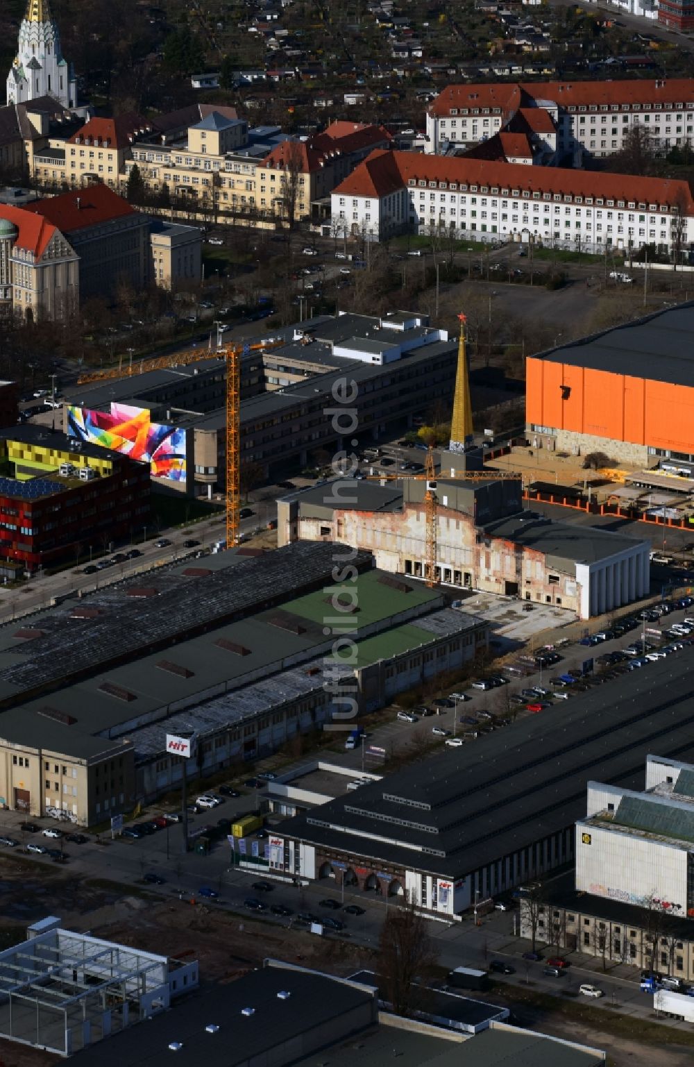 Luftaufnahme Leipzig - Neubau des Archiv- Gebäudes Stadtarchiv in der ehemaligen Messehalle 12 Achilleion in Leipzig im Bundesland Sachsen, Deutschland