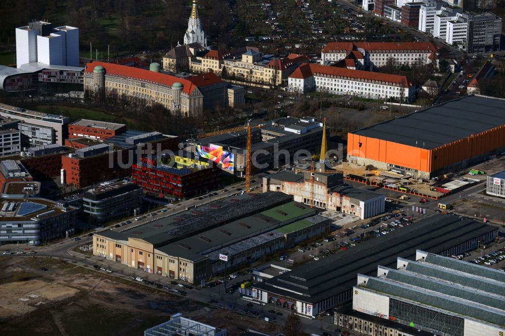 Leipzig von oben - Neubau des Archiv- Gebäudes Stadtarchiv in der ehemaligen Messehalle 12 Achilleion in Leipzig im Bundesland Sachsen, Deutschland