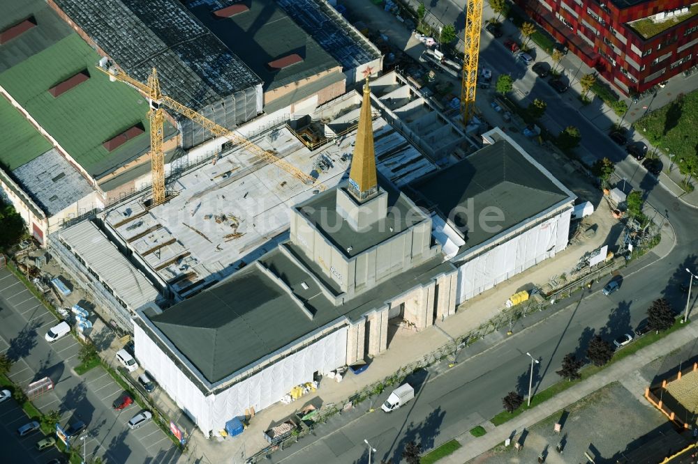 Leipzig von oben - Neubau des Archiv- Gebäudes Stadtarchiv in der ehemaligen Messehalle 12 Achilleion in Leipzig im Bundesland Sachsen, Deutschland