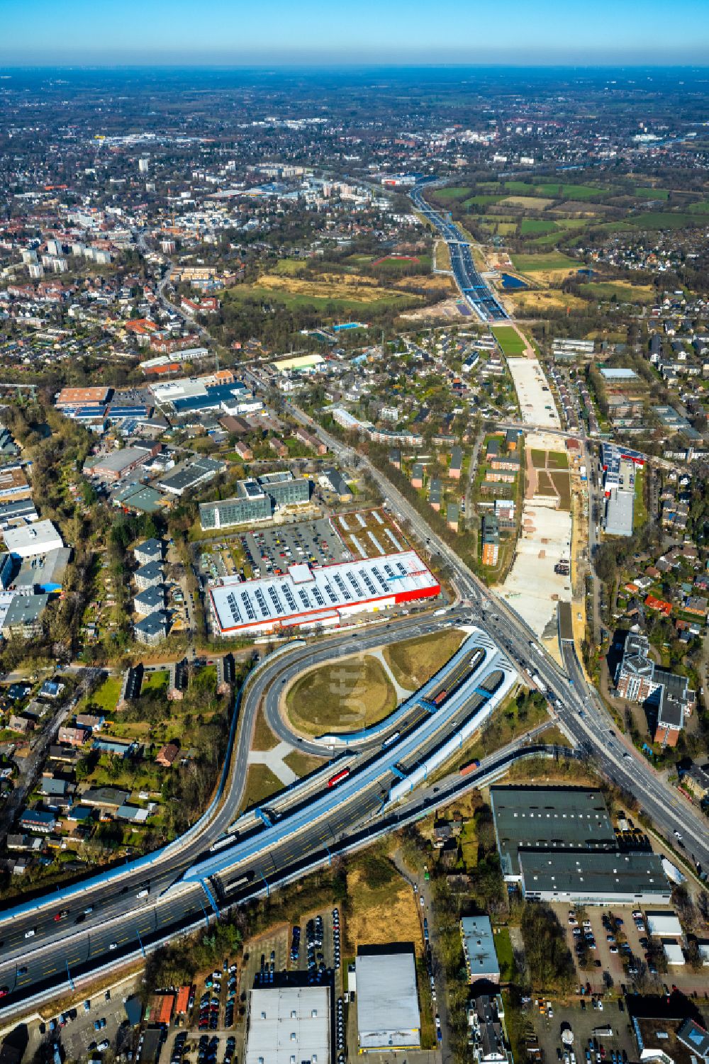 Hamburg aus der Vogelperspektive: Neubau des Autobahn- Tunnelbauwerk der BAB A7 Stellinger Deckel in Hamburg, Deutschland