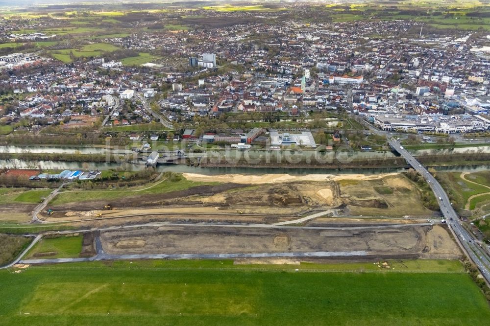 Hamm aus der Vogelperspektive: Neubau- Baustelle für eine Dammverlegung an der Lippe im Ortsteil Heessen in Hamm im Bundesland Nordrhein-Westfalen, Deutschland