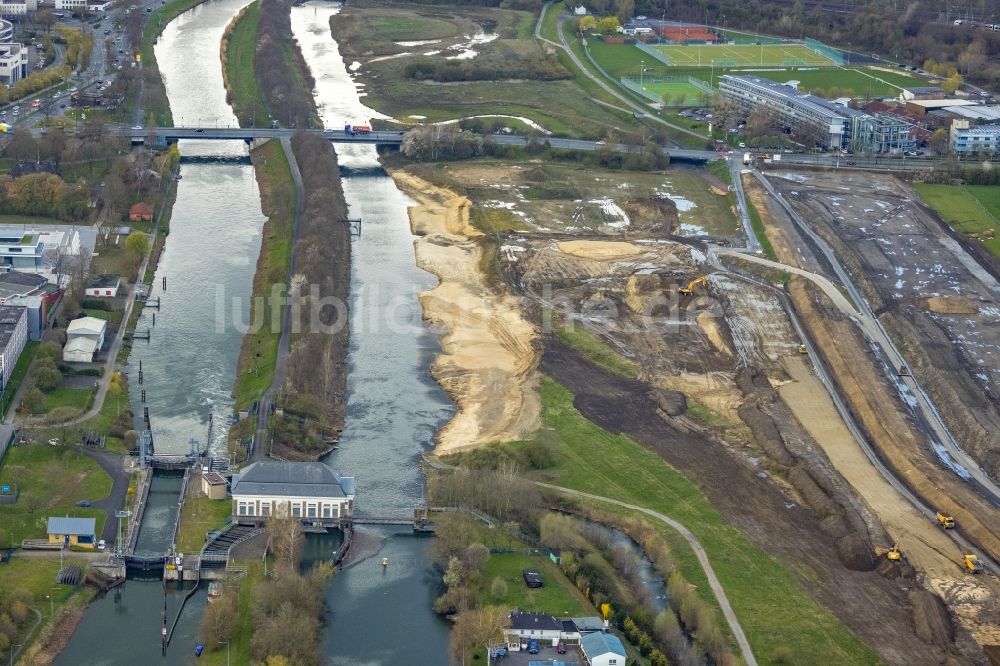 Luftbild Hamm - Neubau- Baustelle für eine Dammverlegung an der Lippe im Ortsteil Heessen in Hamm im Bundesland Nordrhein-Westfalen, Deutschland