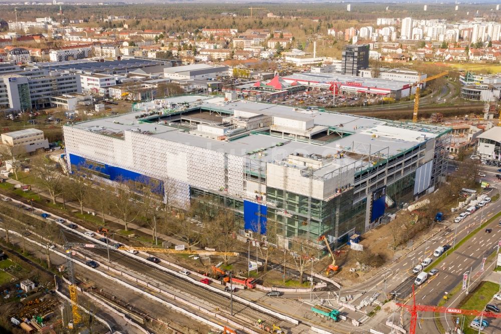 Karlsruhe aus der Vogelperspektive: Neubau- Baustelle Einrichtungshaus - Möbelmarkt in Karlsruhe im Bundesland Baden-Württemberg, Deutschland