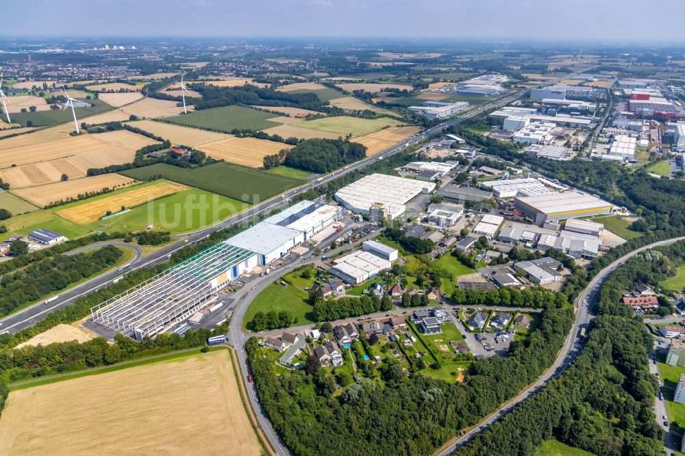 Luftbild Bönen - Neubau- Baustelle Einrichtungshaus - Möbelmarkt und Logistikzentrum Poco an der Rudolf-Diesel-Straße in Bönen im Bundesland Nordrhein-Westfalen, Deutschland