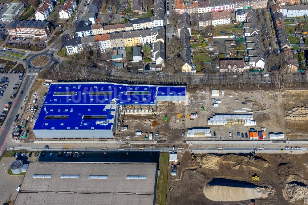 Luftaufnahme Gelsenkirchen - Neubau- Baustelle im Gewerbegebiet an der Brüsseler Straße in Gelsenkirchen im Bundesland Nordrhein-Westfalen, Deutschland