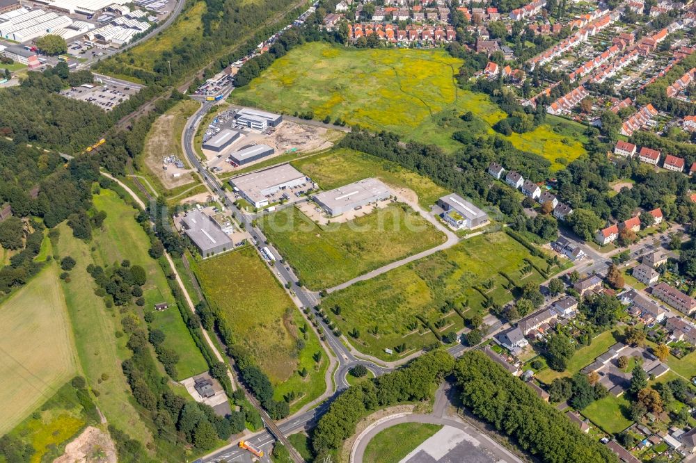 Luftaufnahme Essen - Neubau- Baustelle im Gewerbegebiet am Carnaperhof in Essen im Bundesland Nordrhein-Westfalen, Deutschland